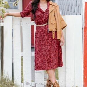 Smash + Tess Dani Dress Midi Roaring Red  Leopard Print Shirt Sz. M
